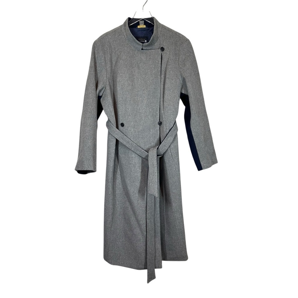 BROOKS BROTHERS for Unites Airlines Women's XXL Long Grey & Navy Wool Wrap Coat
